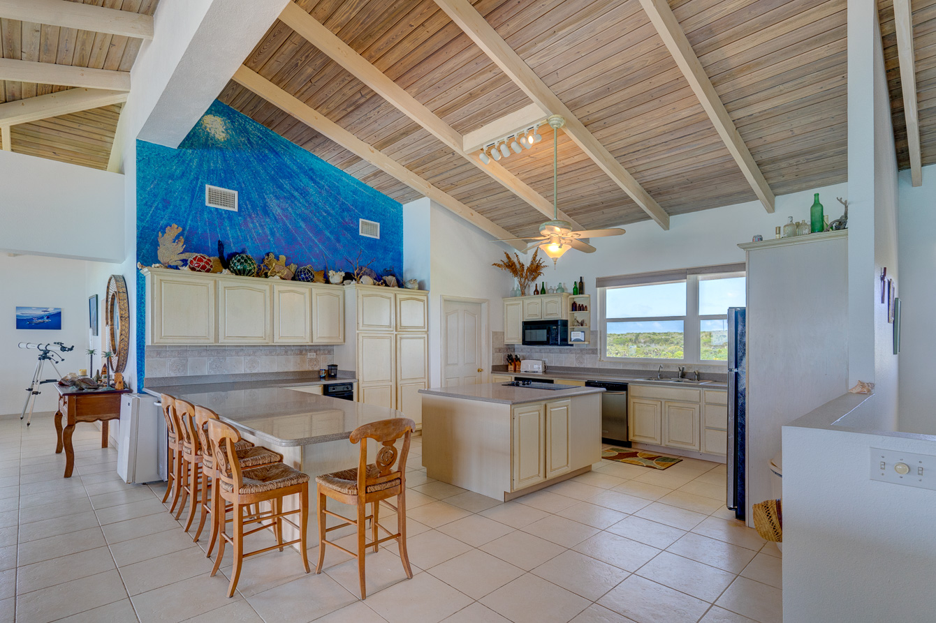 The kitchen at The Family Beach House on San Salvador