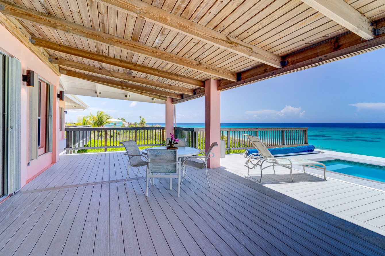The deck at The Family Beach House on San Salvador