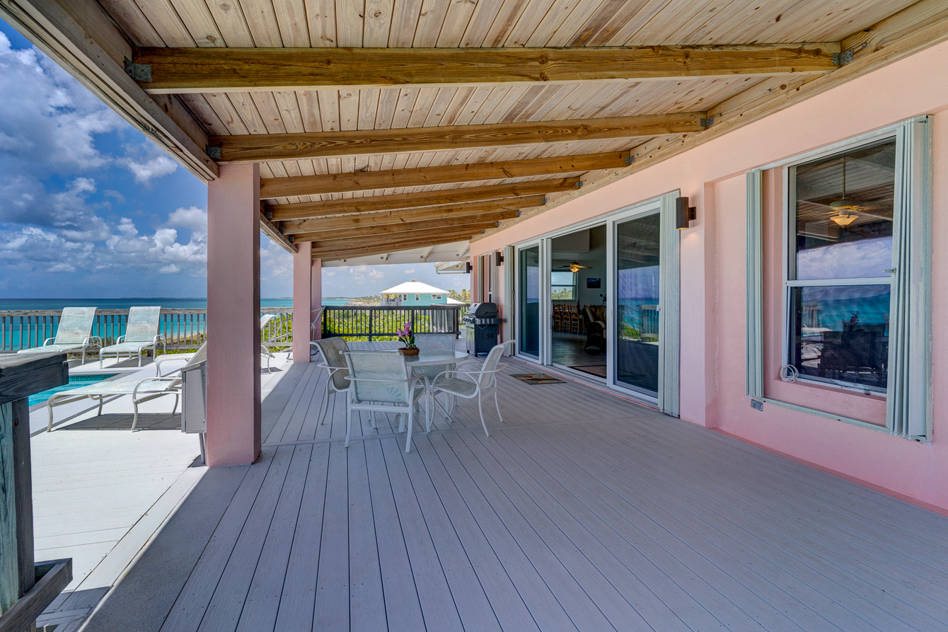 The deck at The Family Beach House on San Salvador