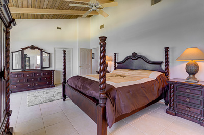 The master bedroom at The Family Beach House on San Salvador